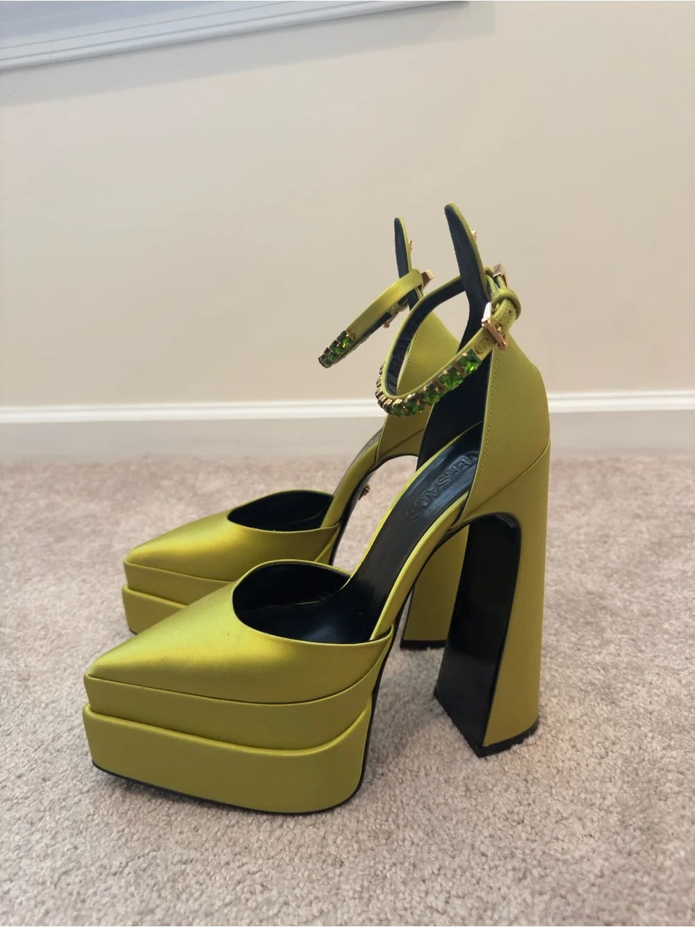 Versace Olive Green Platform Ankle-Strap Pumps with Embellished Buckle